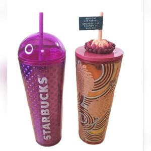 Starbucks 2024 Plastic Tumbler 24 Oz Purple Dome Lid Metallic Floral
